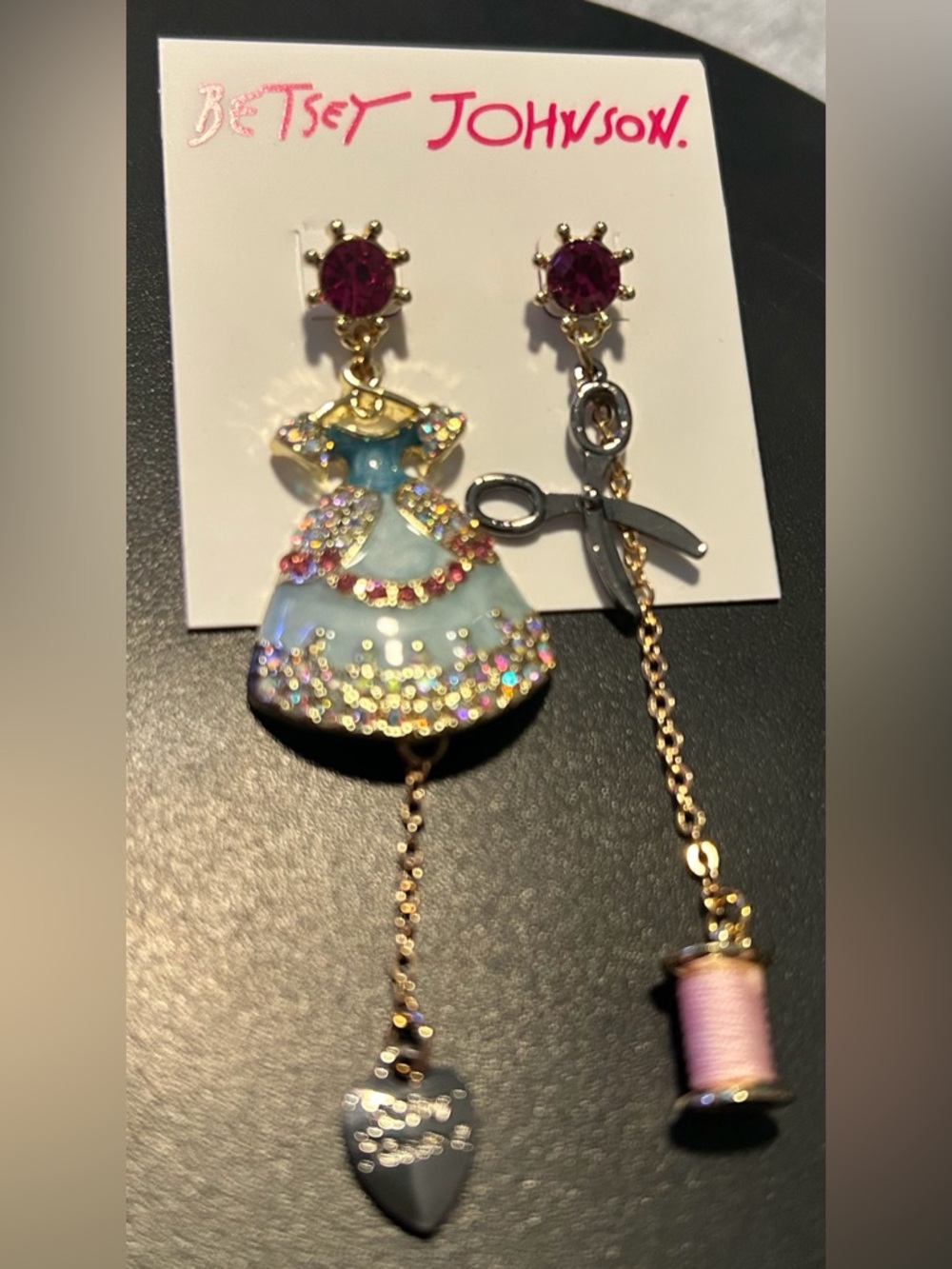 BETSEY JOHNSON DROP/STUDDED EARRINGS/SEWING KIT/DIFFERENTIAL SIDES/NWOT